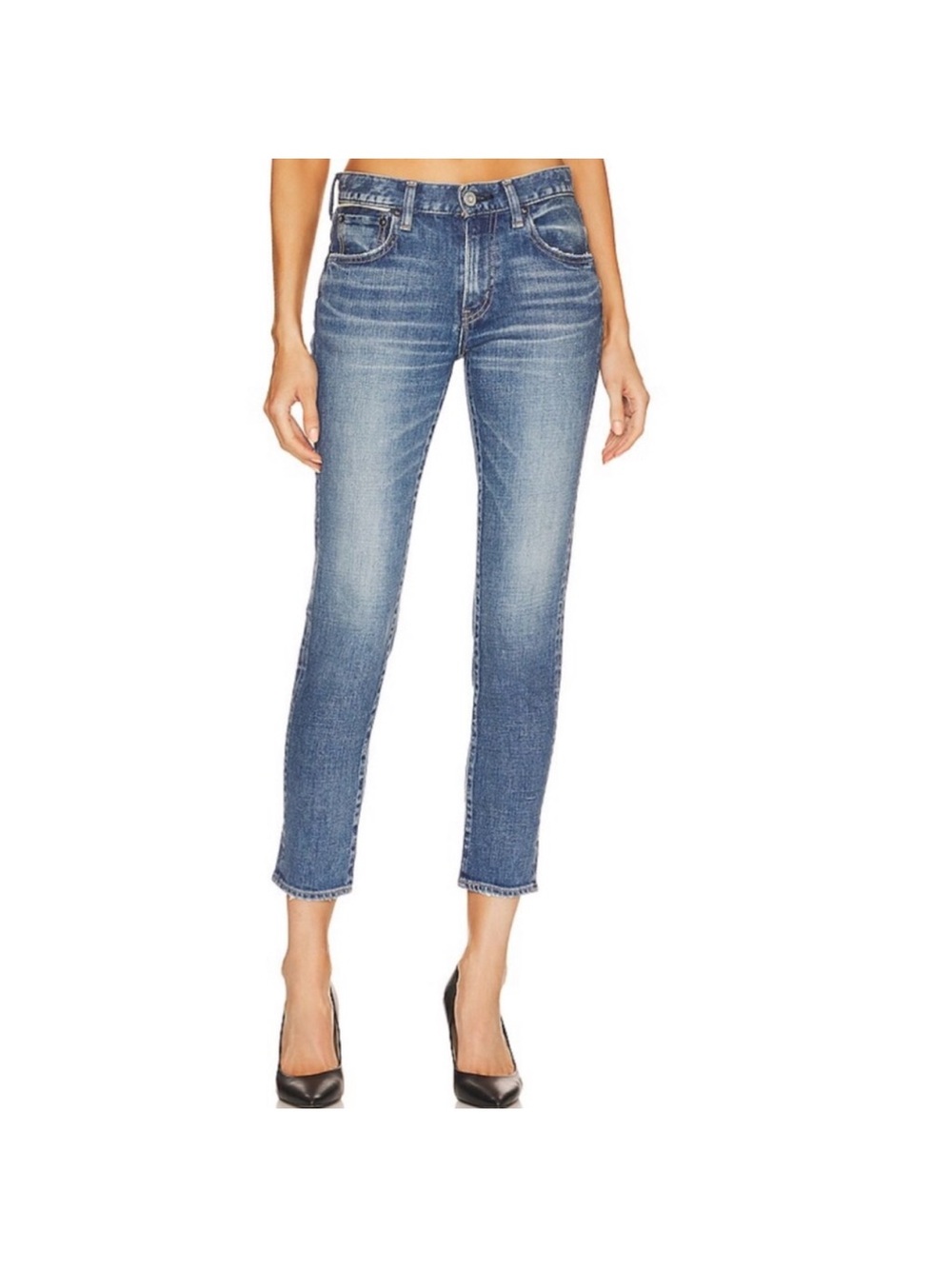 Moussy Washed Blue Cropped Slim Straight Jeans